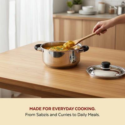Chroma Stainless Steel Casserole + Lid, Cook Curries, Dal, Rice | Easy Clean, Tri Ply Base, Non-stick, Gas & Induction Compatible, StayCool+ Handle and Knob, 2.5L/3.6L/4.5L
