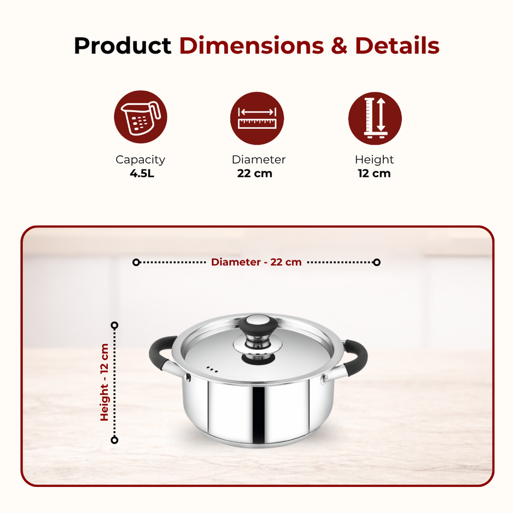 Chroma Stainless Steel Casserole + Lid, Cook Curries, Dal, Rice | Easy Clean, Tri Ply Base, Non-stick, Gas & Induction Compatible, StayCool+ Handle and Knob, 2.5L/3.6L/4.5L