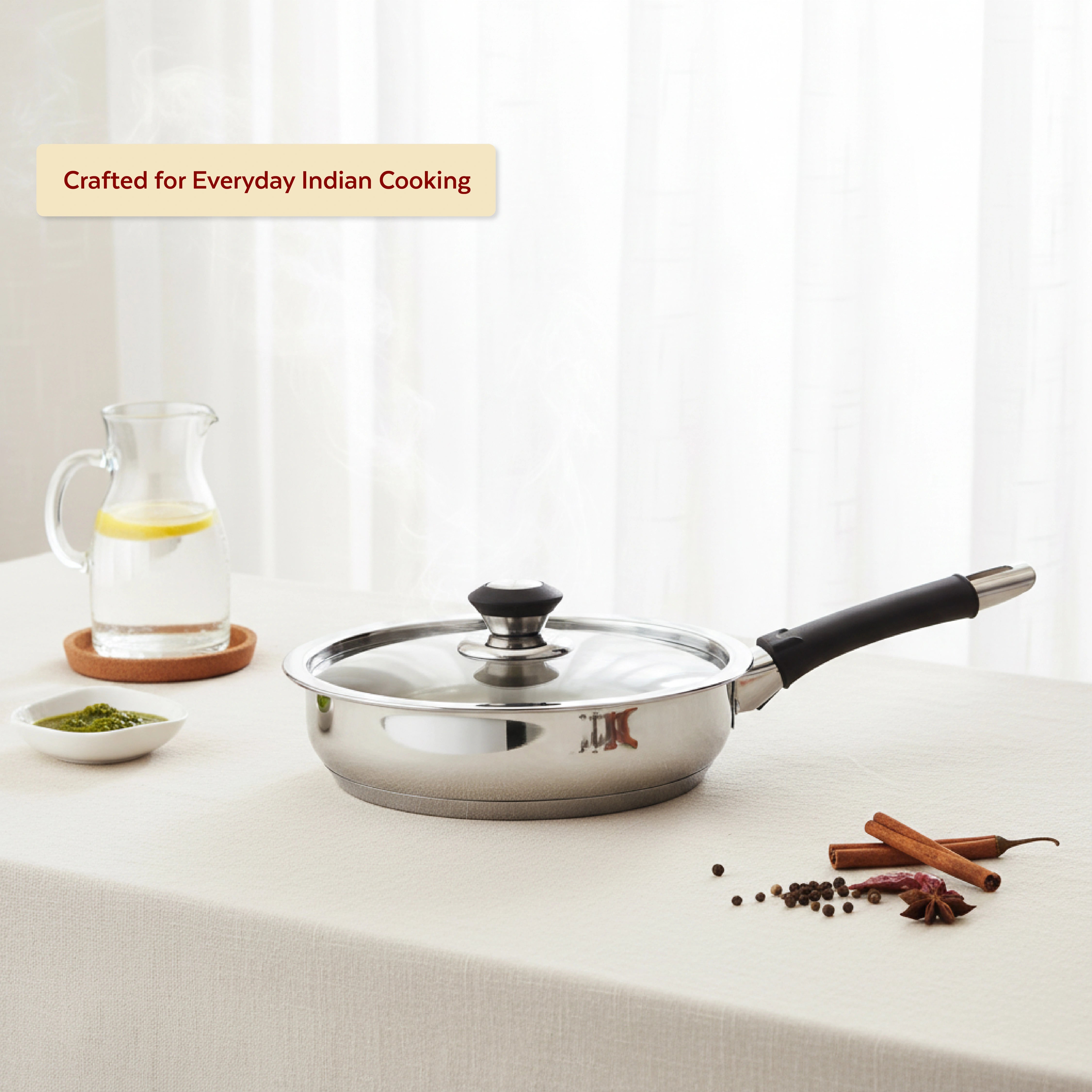 MAHAA Chroma Stainless Steel Fry Pan + Lid – Cook & Saute Curries, Dal, Pasta | Easy Clean | Tri Ply Base | Non-stick | Gas & Induction Compatible | StayCool+ Handle and Knob | 20 cm / 22 cm