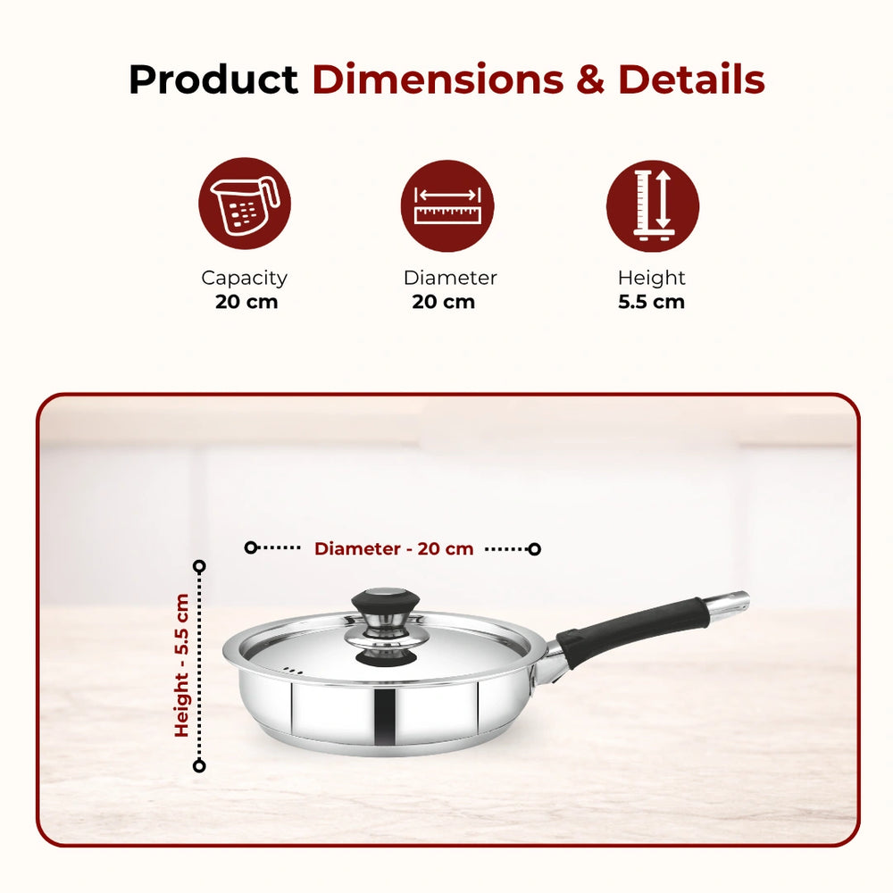 Chroma Stainless Steel Fry Pan + Lid, Cook & Saute Curries, Dal, Pasta | Easy Clean, Tri Ply Base, Non-stick, Gas & Induction Compatible, StayCool+ Handle and Knob, 20 cm / 22 cm