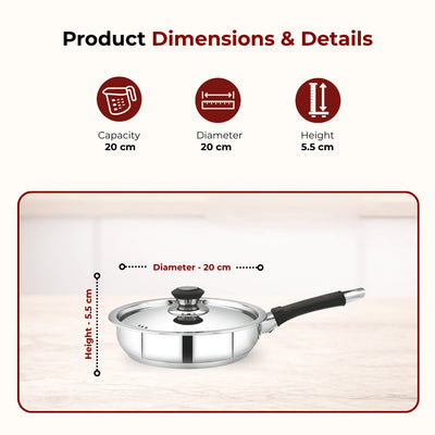 Chroma Stainless Steel Fry Pan + Lid, Cook & Saute Curries, Dal, Pasta | Easy Clean, Tri Ply Base, Non-stick, Gas & Induction Compatible, StayCool+ Handle and Knob, 20 cm / 22 cm