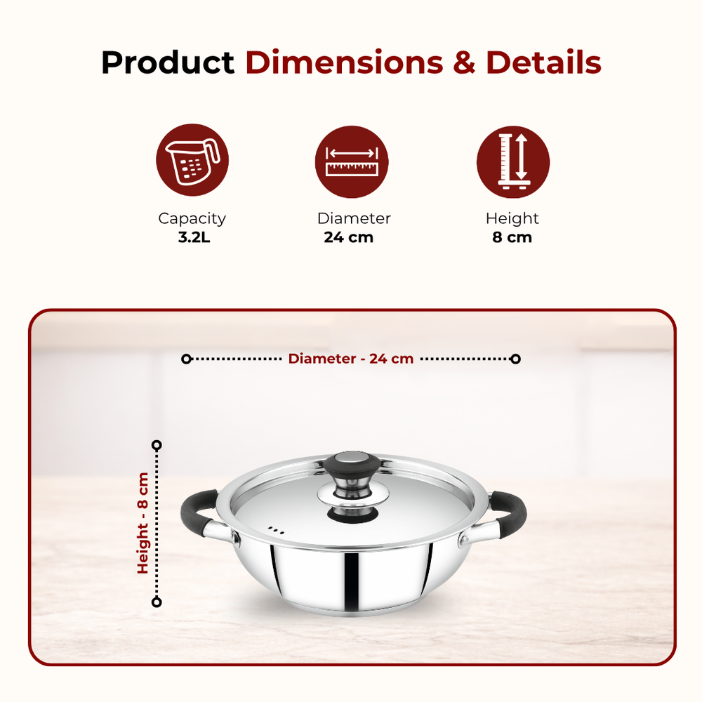 Chroma Stainless Steel Kadai + Lid, Cook Curries, Dal, Rice| Easy Clean, Tri Ply Base, Non-stick, Gas & Induction Compatible, StayCool+ Handle and Knob, 4.5L / 6.1L