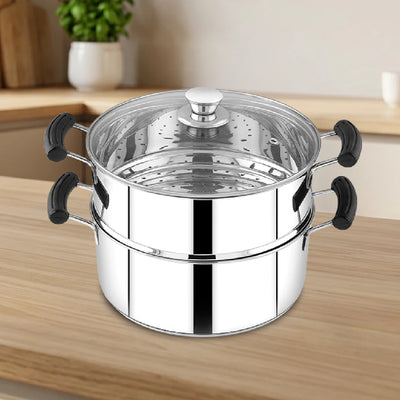Chroma 2-Tier Smart Steamer for Idlis, Momos & Vegetables | Stainless Steel mirror finish | Tri Ply Base| Induction & Gas Compatible | Glass lid | Bakelite handles | Food-Grade SS | Easy to Clean (20CM / 22CM)
