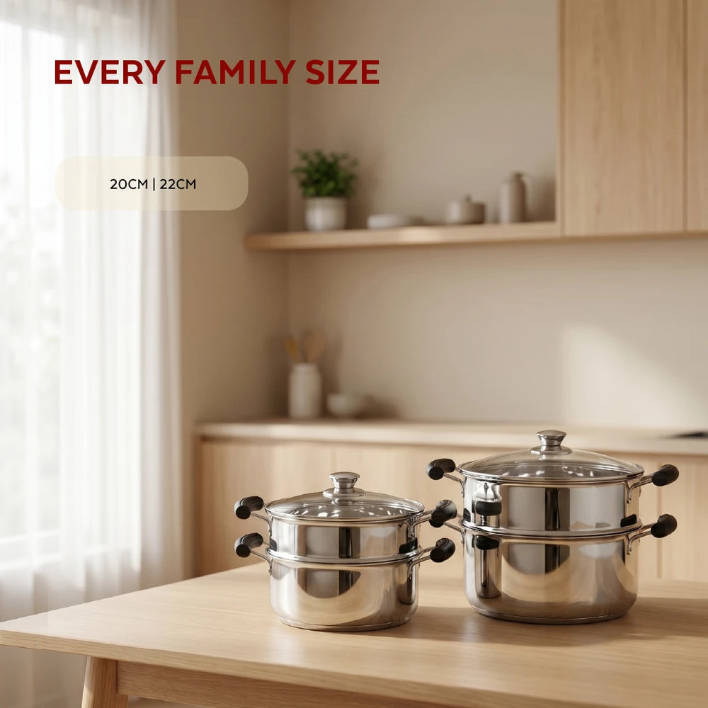 Chroma 2-Tier Smart Steamer for Idlis, Momos & Vegetables | Stainless Steel mirror finish | Tri Ply Base| Induction & Gas Compatible | Glass lid | Bakelite handles | Food-Grade SS | Easy to Clean (20CM / 22CM)