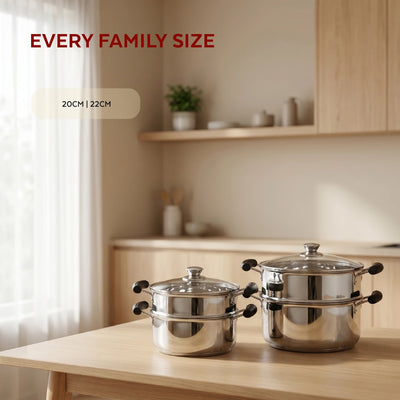 Chroma 2-Tier Smart Steamer for Idlis, Momos & Vegetables | Stainless Steel mirror finish | Tri Ply Base| Induction & Gas Compatible | Glass lid | Bakelite handles | Food-Grade SS | Easy to Clean (20CM / 22CM)