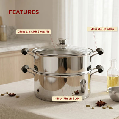 Chroma 2-Tier Smart Steamer for Idlis, Momos & Vegetables | Stainless Steel mirror finish | Tri Ply Base| Induction & Gas Compatible | Glass lid | Bakelite handles | Food-Grade SS | Easy to Clean (20CM / 22CM)
