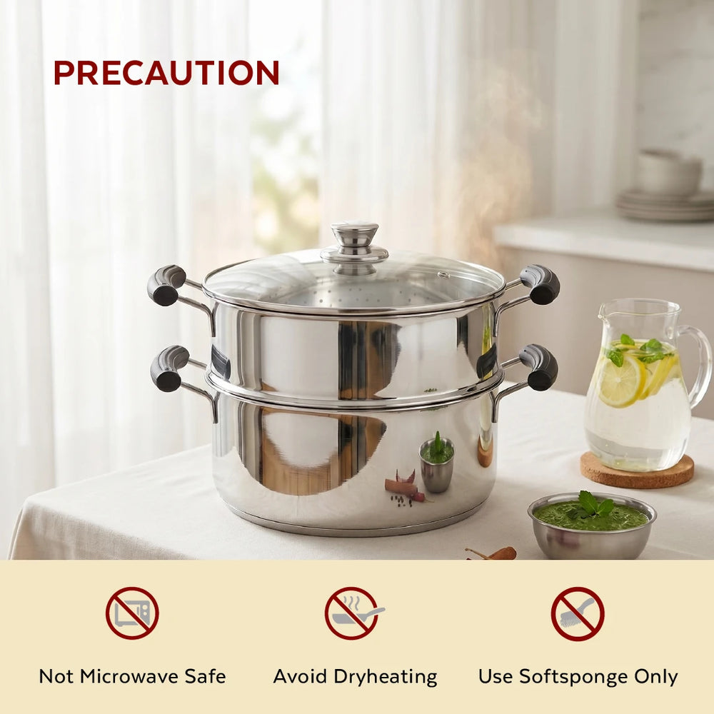 Chroma 2-Tier Smart Steamer for Idlis, Momos & Vegetables | Stainless Steel mirror finish | Tri Ply Base| Induction & Gas Compatible | Glass lid | Bakelite handles | Food-Grade SS | Easy to Clean (20CM / 22CM)