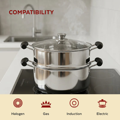 Chroma 2-Tier Smart Steamer for Idlis, Momos & Vegetables | Stainless Steel mirror finish | Tri Ply Base| Induction & Gas Compatible | Glass lid | Bakelite handles | Food-Grade SS | Easy to Clean (20CM / 22CM)