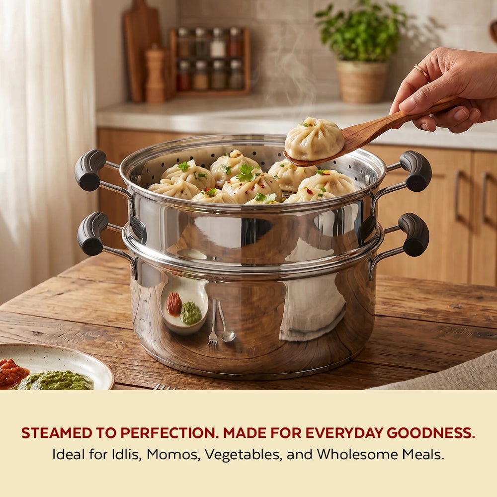 Chroma 2-Tier Smart Steamer for Idlis, Momos & Vegetables | Stainless Steel mirror finish | Tri Ply Base| Induction & Gas Compatible | Glass lid | Bakelite handles | Food-Grade SS | Easy to Clean (20CM / 22CM)