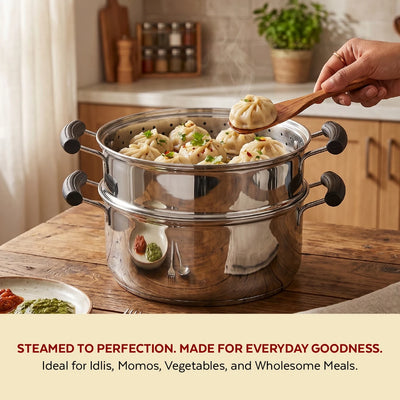 Chroma 2-Tier Smart Steamer for Idlis, Momos & Vegetables | Stainless Steel mirror finish | Tri Ply Base| Induction & Gas Compatible | Glass lid | Bakelite handles | Food-Grade SS | Easy to Clean (20CM / 22CM)