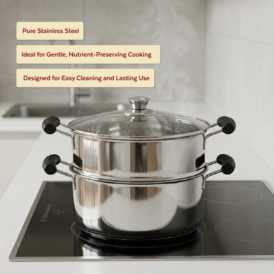 Chroma 2-Tier Smart Steamer for Idlis, Momos & Vegetables | Stainless Steel mirror finish | Tri Ply Base| Induction & Gas Compatible | Glass lid | Bakelite handles | Food-Grade SS | Easy to Clean (20CM / 22CM)