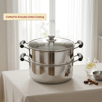 Chroma 2-Tier Smart Steamer for Idlis, Momos & Vegetables | Stainless Steel mirror finish | Tri Ply Base| Induction & Gas Compatible | Glass lid | Bakelite handles | Food-Grade SS | Easy to Clean (20CM / 22CM)