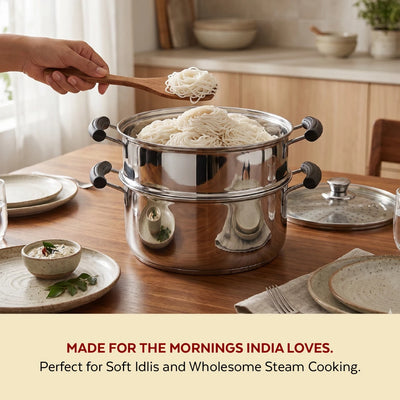 Chroma 2-Tier Smart Steamer for Idlis, Momos & Vegetables | Stainless Steel mirror finish | Tri Ply Base| Induction & Gas Compatible | Glass lid | Bakelite handles | Food-Grade SS | Easy to Clean (20CM / 22CM)