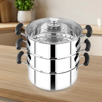 Chroma 3-Tier Smart Steamer for Idlis, Momos & Vegetables | Stainless Steel mirror finish | Tri Ply Base| Induction & Gas Compatible | Glass lid | Bakelite handles | Food-Grade SS | Easy to Clean (20CM / 22CM)
