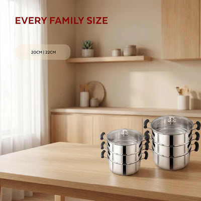 Chroma 3-Tier Smart Steamer for Idlis, Momos & Vegetables | Stainless Steel mirror finish | Tri Ply Base| Induction & Gas Compatible | Glass lid | Bakelite handles | Food-Grade SS | Easy to Clean (20CM / 22CM)