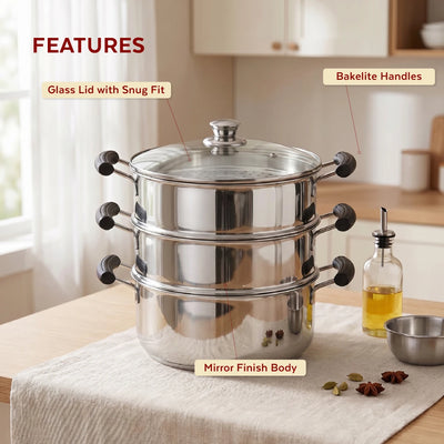 Chroma 3-Tier Smart Steamer for Idlis, Momos & Vegetables | Stainless Steel mirror finish | Tri Ply Base| Induction & Gas Compatible | Glass lid | Bakelite handles | Food-Grade SS | Easy to Clean (20CM / 22CM)