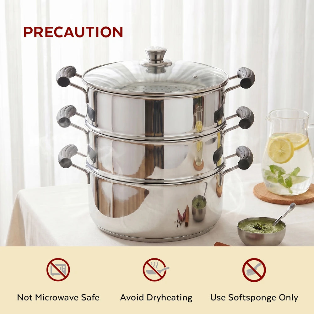 Chroma 3-Tier Smart Steamer for Idlis, Momos & Vegetables | Stainless Steel mirror finish | Tri Ply Base| Induction & Gas Compatible | Glass lid | Bakelite handles | Food-Grade SS | Easy to Clean (20CM / 22CM)