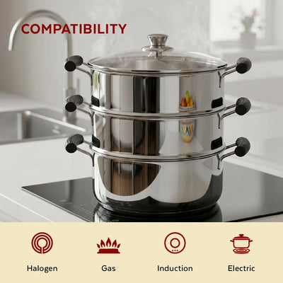 Chroma 3-Tier Smart Steamer for Idlis, Momos & Vegetables | Stainless Steel mirror finish | Tri Ply Base| Induction & Gas Compatible | Glass lid | Bakelite handles | Food-Grade SS | Easy to Clean (20CM / 22CM)
