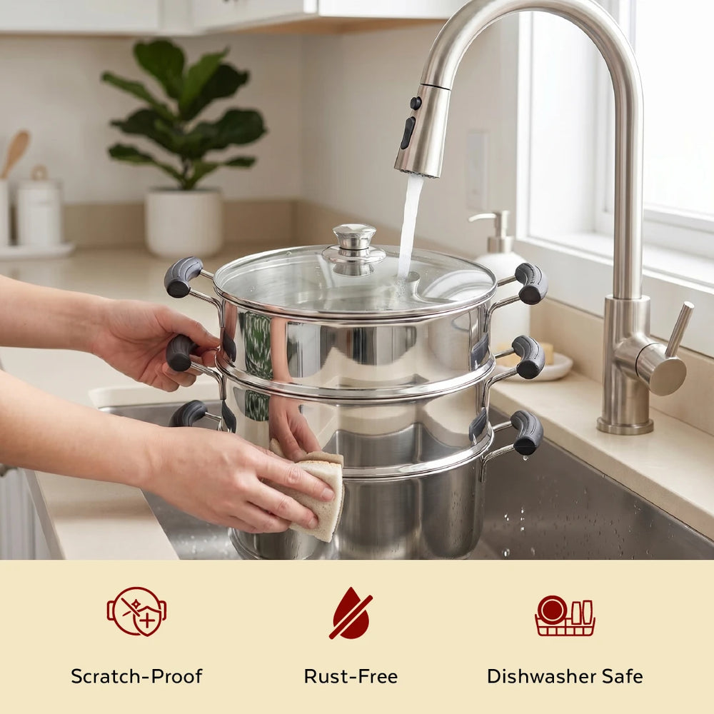 Chroma 3-Tier Smart Steamer for Idlis, Momos & Vegetables | Stainless Steel mirror finish | Tri Ply Base| Induction & Gas Compatible | Glass lid | Bakelite handles | Food-Grade SS | Easy to Clean (20CM / 22CM)