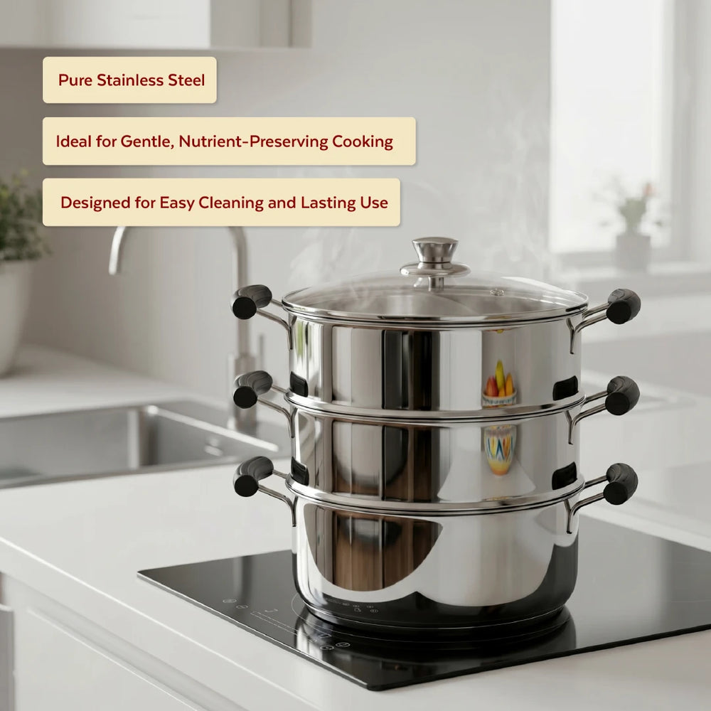 Chroma 3-Tier Smart Steamer for Idlis, Momos & Vegetables | Stainless Steel mirror finish | Tri Ply Base| Induction & Gas Compatible | Glass lid | Bakelite handles | Food-Grade SS | Easy to Clean (20CM / 22CM)