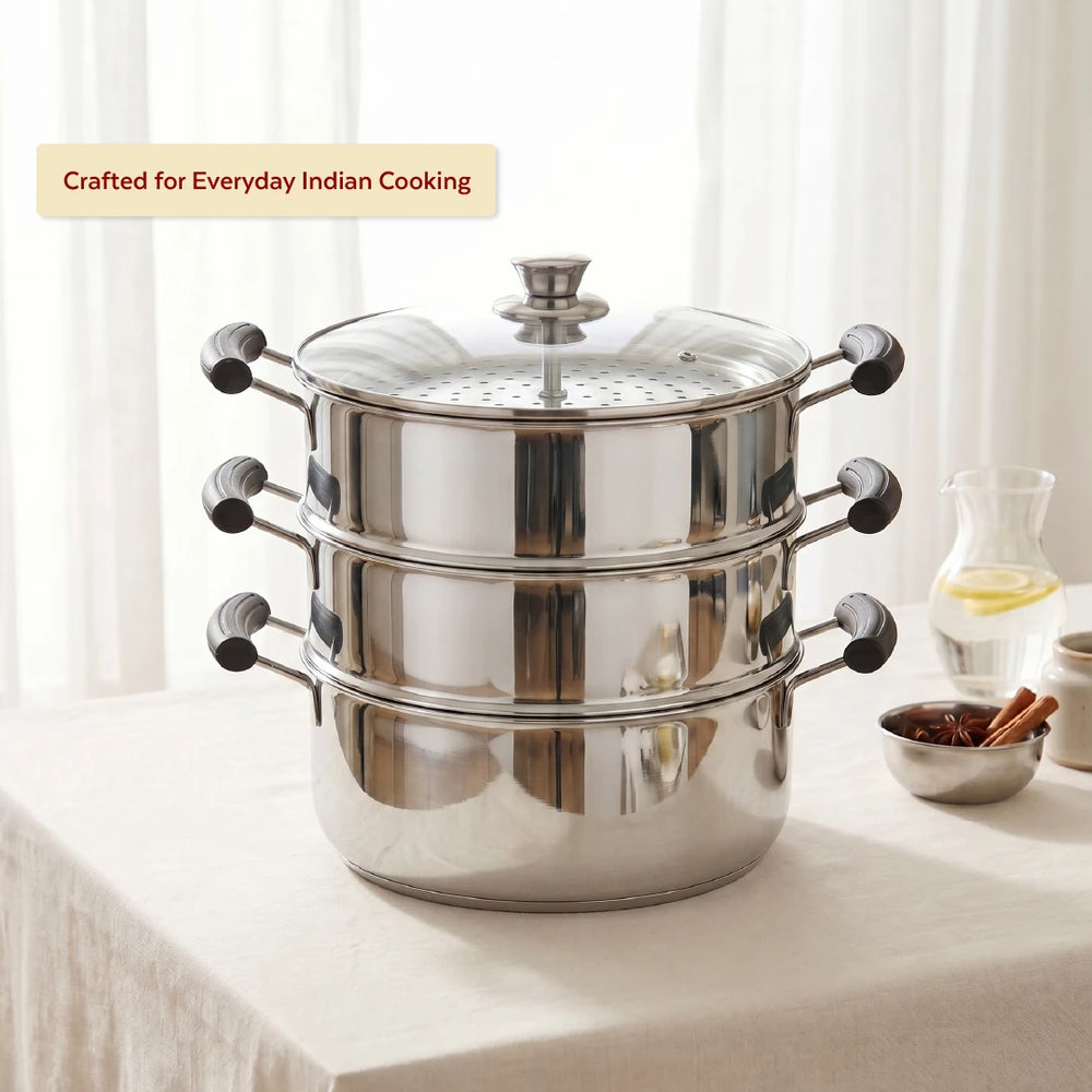 Chroma 3-Tier Smart Steamer for Idlis, Momos & Vegetables | Stainless Steel mirror finish | Tri Ply Base| Induction & Gas Compatible | Glass lid | Bakelite handles | Food-Grade SS | Easy to Clean (20CM / 22CM)