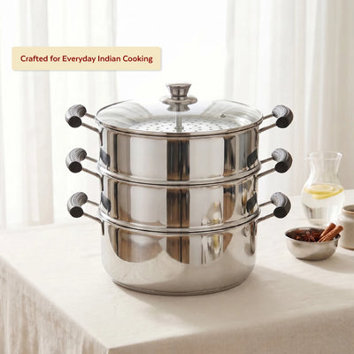 Chroma 3-Tier Smart Steamer for Idlis, Momos & Vegetables | Stainless Steel mirror finish | Tri Ply Base| Induction & Gas Compatible | Glass lid | Bakelite handles | Food-Grade SS | Easy to Clean (20CM / 22CM)