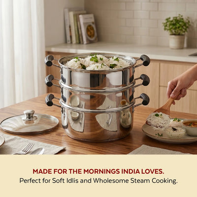 Chroma 3-Tier Smart Steamer for Idlis, Momos & Vegetables | Stainless Steel mirror finish | Tri Ply Base| Induction & Gas Compatible | Glass lid | Bakelite handles | Food-Grade SS | Easy to Clean (20CM / 22CM)