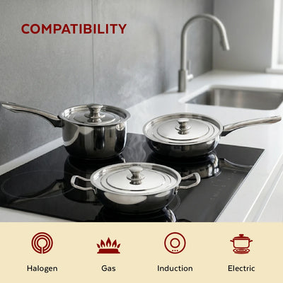 Classic Stainless Steel Cookware Set: Kadai 24 CM, Fry Pan 24 CM & Sauce Pan 14 CM | Premium Quality Combo, Non-stick, Gas & Induction Compatible, Cool-Touch Handle