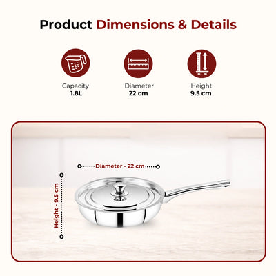 Classic Stainless Steel Fry Pan + Lid, Cook & Saute Curries, Dal, Pasta, Gas & Induction Compatible, Cool Touch Handle and Knob