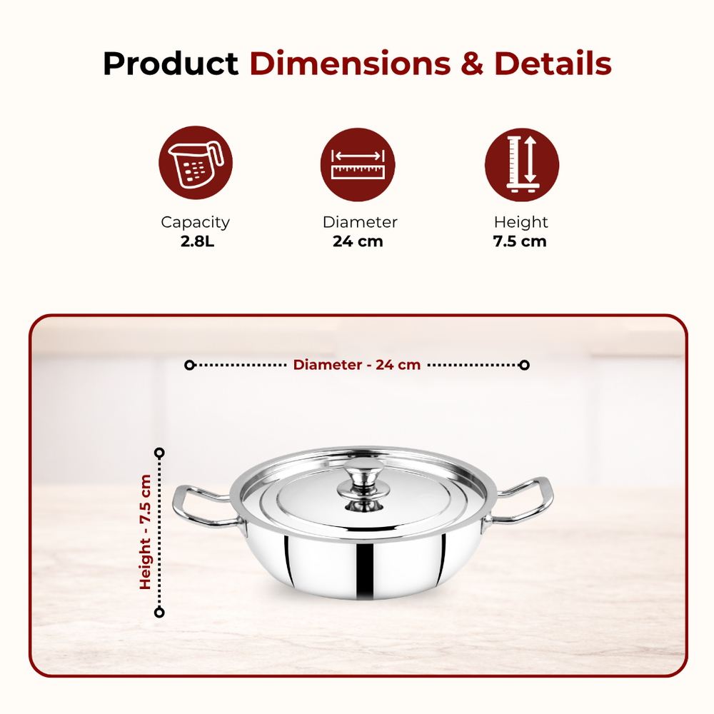 Classic Stainless Steel Cookware Set: Kadai 24 CM, Fry Pan 24 CM & Sauce Pan 14 CM | Premium Quality Combo, Non-stick, Gas & Induction Compatible, Cool-Touch Handle
