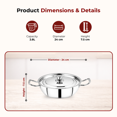 Classic Stainless Steel Cookware Set: Kadai 24 CM, Fry Pan 24 CM & Sauce Pan 14 CM | Premium Quality Combo, Non-stick, Gas & Induction Compatible, Cool-Touch Handle