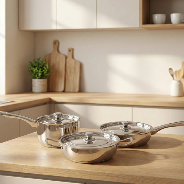 Classic Stainless Steel Cookware Set: Kadai 24 CM, Fry Pan 24 CM & Sauce Pan 14 CM | Premium Quality Combo, Non-stick, Gas & Induction Compatible, Cool-Touch Handle