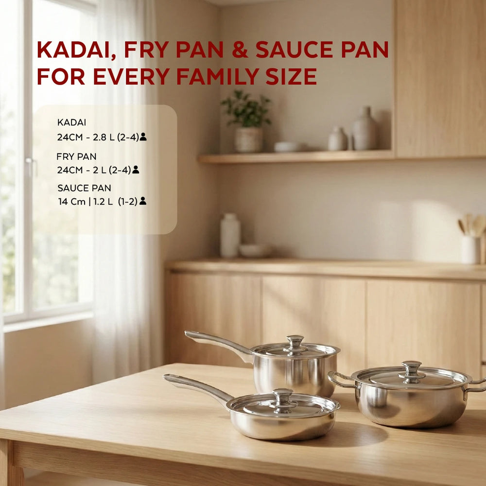 Classic Stainless Steel Cookware Set: Kadai 24 CM, Fry Pan 24 CM & Sauce Pan 14 CM | Premium Quality Combo, Non-stick, Gas & Induction Compatible, Cool-Touch Handle