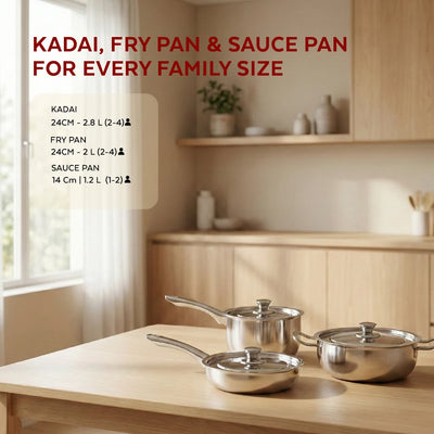 Classic Stainless Steel Cookware Set: Kadai 24 CM, Fry Pan 24 CM & Sauce Pan 14 CM | Premium Quality Combo, Non-stick, Gas & Induction Compatible, Cool-Touch Handle