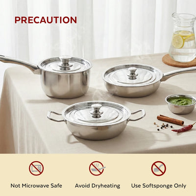 Classic Stainless Steel Cookware Set: Kadai 24 CM, Fry Pan 24 CM & Sauce Pan 14 CM | Premium Quality Combo, Non-stick, Gas & Induction Compatible, Cool-Touch Handle