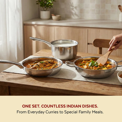 Classic Stainless Steel Cookware Set: Kadai 24 CM, Fry Pan 24 CM & Sauce Pan 14 CM | Premium Quality Combo, Non-stick, Gas & Induction Compatible, Cool-Touch Handle