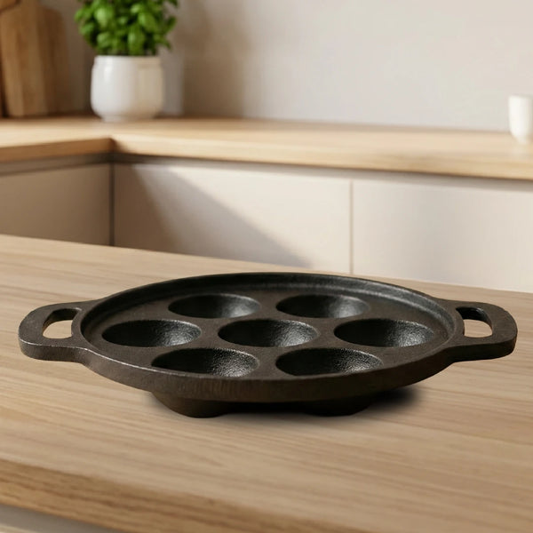 Cast Iron Paniyarram Pan 7 Pits, Pre-Seasoned Traditional Pure Iron Pan, Even Heating, Gas & Induction Compatible