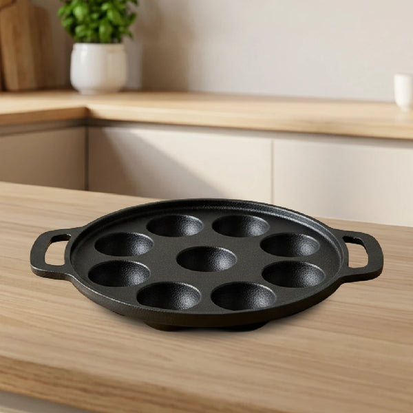 Cast Iron Paniyarram Pan 9 Pits, Pre-Seasoned Traditional Pure Iron Pan, Even Heating, Gas & Induction Compatible