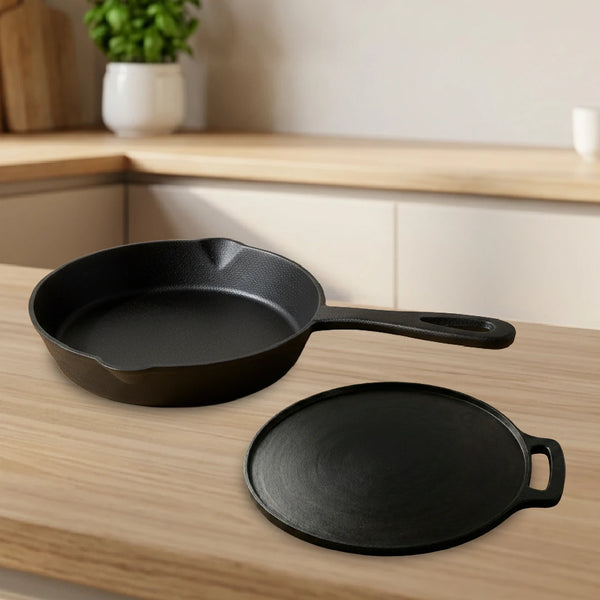 Cast Iron Cookware Set: Dosa Tawa 28 CM + Fry Pan 24 CM | Heavy-Duty Traditional Cooking Combo Set | Kitchen Set for Home, Pre-seasoned, Induction Friendly