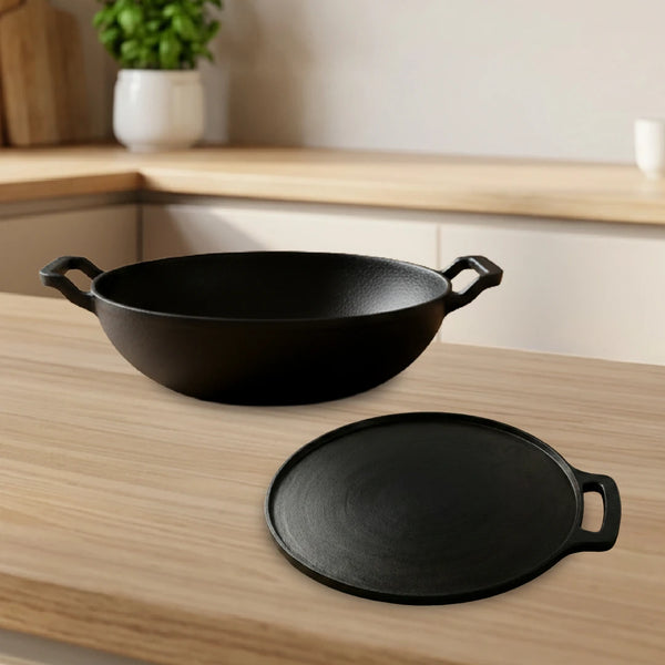 Cast Iron Cookware Set: Kadai 26 CM + Dosa Tawa 28 CM | Heavy-Duty Traditional Cooking Combo Set | Kitchen Set for Home, Pre-seasoned, Induction Friendly