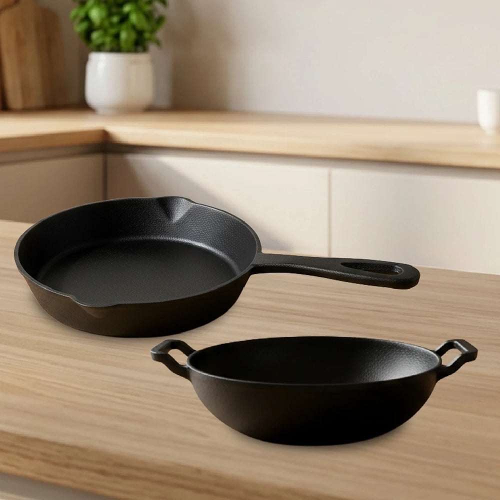 Cast Iron Cookware Set: Kadai 26 CM + Fry Pan 24 CM |  Heavy-Duty Traditional Cooking Set | Kitchen Set for Home, Pre-seasoned, Induction Friendly