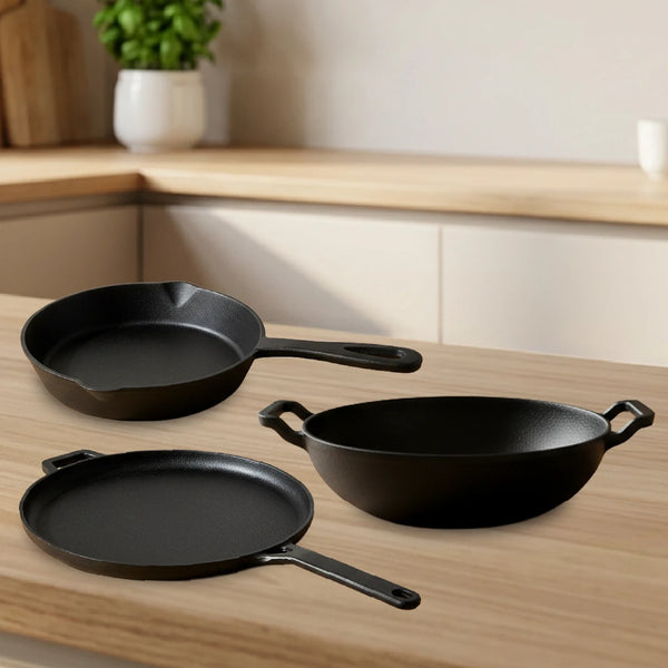 Cast Iron Cookware Set: Flat Long Handle Tawa 26 CM + Kadai 26 CM + Fry Pan 24 CM | Heavy-Duty Traditional Cooking Combo Set | Kitchen Set for Home, Pre-seasoned, Induction Friendly