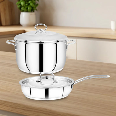 Avanti Stainless Steel Cookware Set: Cooking Pot 26 CM & Fry Pan 22 CM | Heavy Premium Quality Combo, Tri Ply Base, Non-stick, Gas & Induction Compatible, Cool-Touch Handle