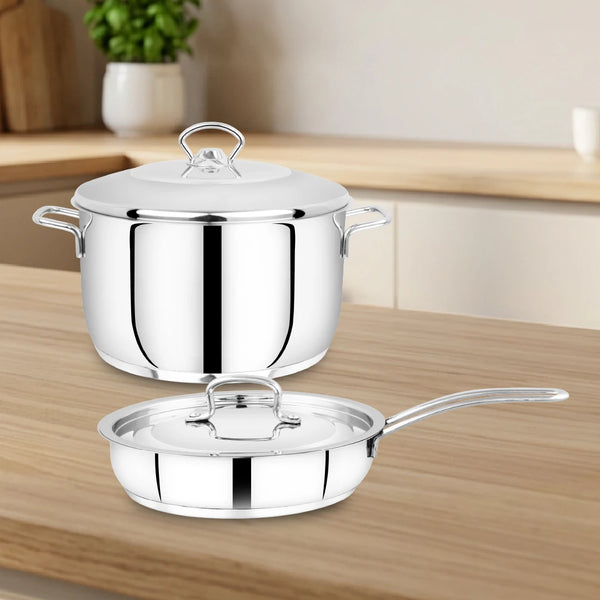 Avanti Stainless Steel Cookware Set: Cooking Pot 26 CM & Fry Pan 22 CM | Heavy Premium Quality Combo, Tri Ply Base, Non-stick, Gas & Induction Compatible, Cool-Touch Handle