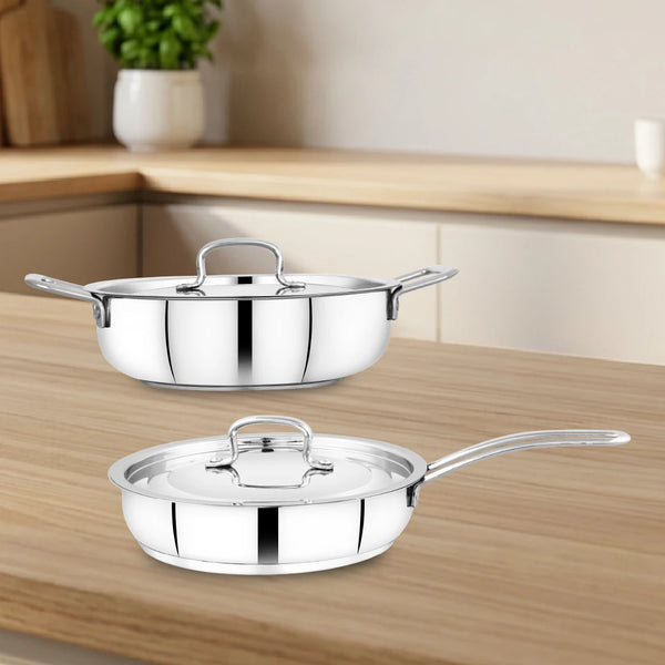 Avanti Stainless Steel Cookware Set: Kadai 22 CM & Fry Pan 22 CM | Heavy Premium Quality Combo, Tri Ply Base, Non-stick, Gas & Induction Compatible, Cool-Touch Handle