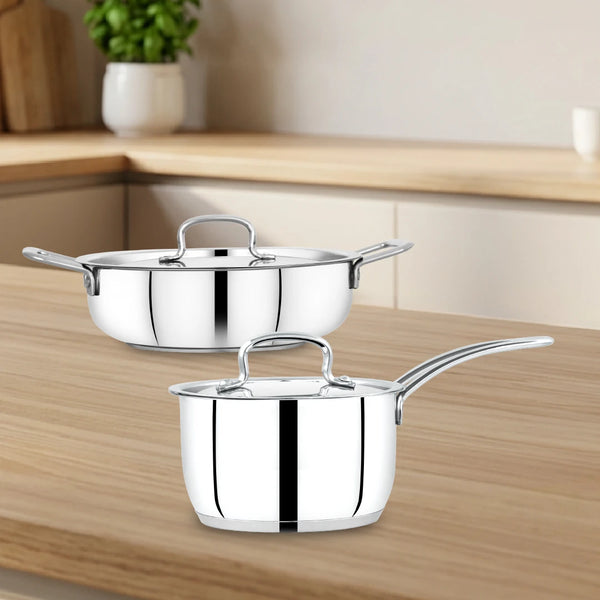 Avanti Stainless Steel Cookware Set: Kadai 22 CM & Sauce Pan 16 CM (2.0 L) | Heavy Premium Quality Combo, Tri Ply Base, Non-stick, Gas & Induction Compatible, Cool-Touch Handle