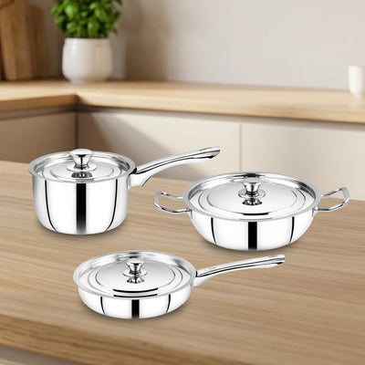 Classic Stainless Steel Cookware Set: Kadai 24 CM, Fry Pan 24 CM & Sauce Pan 14 CM | Premium Quality Combo, Non-stick, Gas & Induction Compatible, Cool-Touch Handle