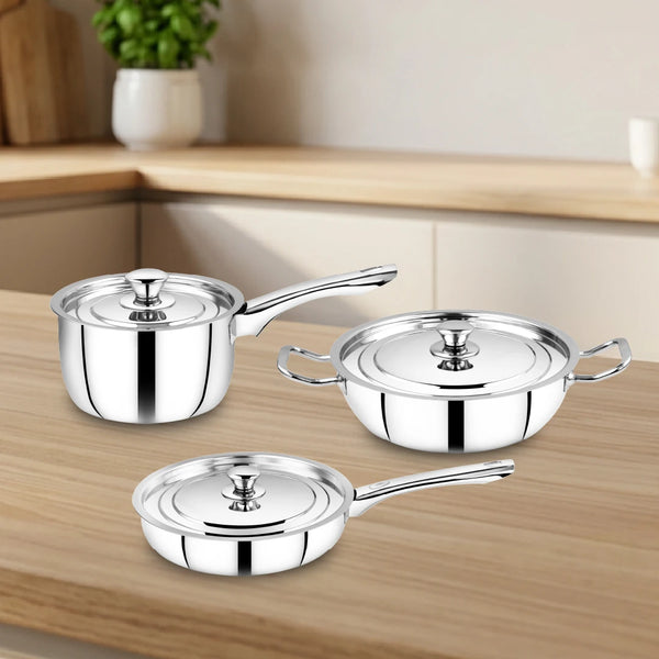 Classic Stainless Steel Cookware Set: Kadai 24 CM, Fry Pan 24 CM & Sauce Pan 14 CM | Premium Quality Combo, Non-stick, Gas & Induction Compatible, Cool-Touch Handle