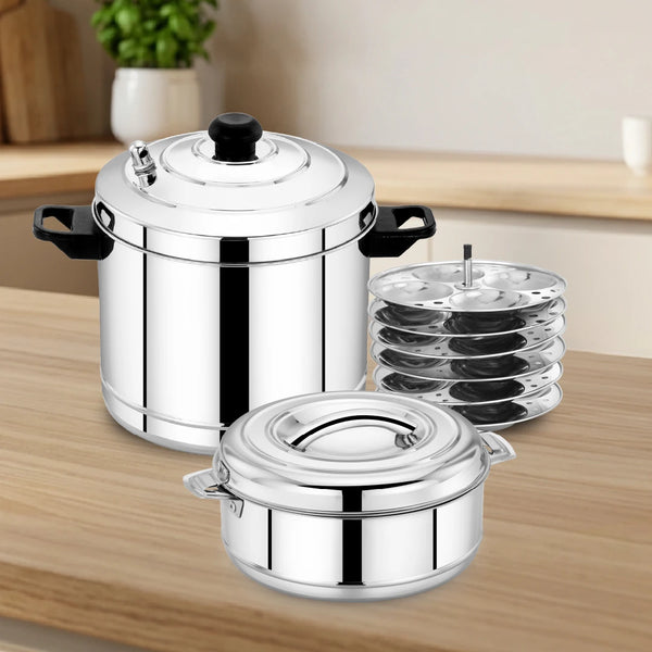Stainless Steel Cookware Set: Idli Cooker 6 Plate & Aspen Hot Pot 2500 ML | Premium Quality, Serveware & Cookware Combo Set