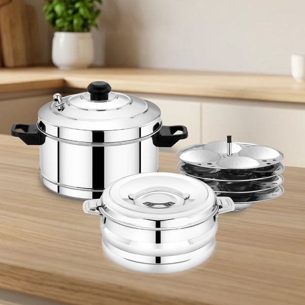 Stainless Steel Cookware Set: Idli Cooker 4 Plate & Orchid Stainless Steel Hot Pot 1500 ML | Premium Quality, Serveware & Cookware Combo Set